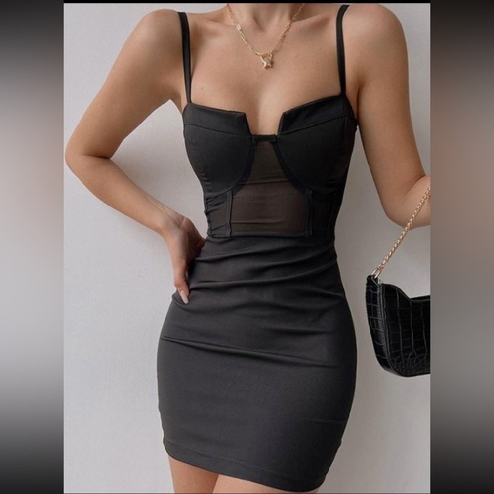 Commense‎ Bodycon Mesh Corset Short Dress Black size L 8/10 US